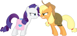 Size: 8020x3776 | Tagged: safe, artist:stillfire, character:applejack, character:rarity, species:pony, species:unicorn, absurd resolution, angry, bag, saddle bag, scrunchy face, simple background, transparent background, vector