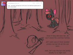 Size: 1280x960 | Tagged: safe, artist:voids-edge, character:apple bloom, ask apple bloom, bad end, comic, female, protected apple bloom, red background, red eyes, simple background, skull, solo, story of the blanks, undead, zombie