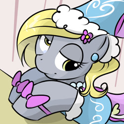 Size: 800x800 | Tagged: safe, artist:kloudmutt, artist:pacce, character:derpy hooves, species:pegasus, species:pony, bow, clothing, colored, dress, female, froufrou glittery lacy outfit, hat, hennin, mare, solo