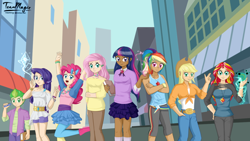 Size: 1024x576 | Tagged: dead source, safe, artist:teammagix, character:applejack, character:fluttershy, character:pinkie pie, character:rainbow dash, character:rarity, character:spike, character:sunset shimmer, character:twilight sparkle, my little pony:equestria girls, alternate design, city, clothing, human coloration, human spike, humane seven, humane six, humanized, magic, mane seven, mane six, manehattan, skirt
