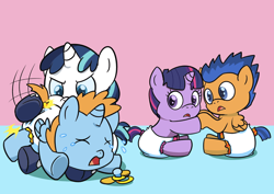 Size: 1248x883 | Tagged: safe, artist:artiecanvas, character:flash sentry, character:shining armor, character:twilight sparkle, character:twilight sparkle (unicorn), oc, oc:harmony star, species:alicorn, species:pony, species:unicorn, ship:flashlight, abuse, adorable distress, alicorn oc, angry, baby, crying, cute, diaper, diapered foals, female, foal, foal abuse, hitting, male, pacifier, scared, shipping, spanking, straight, this ended in tears, twimony