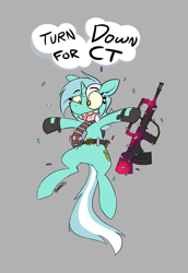 Size: 737x1069 | Tagged: safe, artist:owl-eyes, character:lyra heartstrings, species:pony, belt, bipedal, confetti, counter-strike, dialogue, famas, female, gun, rifle, simple background, solo, speech bubble