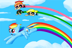 Size: 800x532 | Tagged: safe, artist:syggie, character:rainbow dash, crossover, flying, rainbow trail, the powerpuff girls