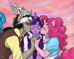 Size: 3282x2648 | Tagged: safe, artist:zabchan, character:discord, character:pinkie pie, character:twilight sparkle, species:human, ship:discolight, ship:discopie, ship:twinkie, :o, bisexual, blushing, discord gets all the mares, eared humanization, eyes closed, female, horned humanization, humanized, kiss on the cheek, kiss sandwich, kissing, lesbian, lesbian in front of boys, male, ot3, pony coloring, shipping, straight, tailed humanization