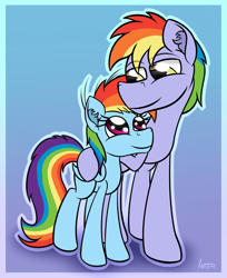 Size: 1280x1572 | Tagged: safe, artist:internetianer, character:rainbow blaze, character:rainbow dash, cute, father and daughter, filly, gradient background, younger
