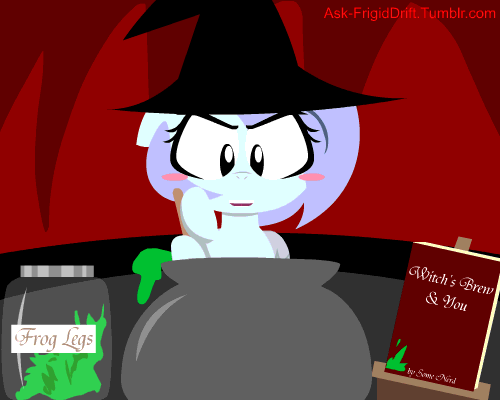 Size: 500x400 | Tagged: safe, artist:penguinpotential, oc, oc only, oc:frigid drift, animated, witch