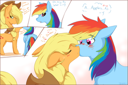 Size: 1280x853 | Tagged: safe, artist:blackkaries, character:applejack, character:rainbow dash, species:earth pony, species:pegasus, species:pony, ship:appledash, applejack's hat, blushing, clothing, cowboy hat, dialogue, eyes closed, female, floppy ears, freckles, hat, kissing, lesbian, mare, shipping, surprise kiss, surprised