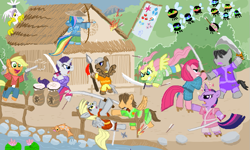 Size: 801x481 | Tagged: safe, artist:shutterflye, character:applejack, character:derpy hooves, character:dumbbell, character:fluttershy, character:gilda, character:hoops, character:pinkamena diane pie, character:pinkie pie, character:quarterback, character:rainbow dash, character:rarity, character:twilight sparkle, oc, species:earth pony, species:griffon, species:pegasus, species:pony, species:unicorn, archer dash, arrow, badass, bipedal, bow (weapon), bow and arrow, clothing, crossover, fire, fish, flag, flower, flutterbadass, gun, hat, house, legend of the five rings, mane six, parasprite, samurai, score, spear, sword, water, weapon