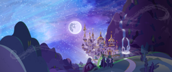 Size: 5120x2160 | Tagged: safe, artist:minty root, background, canterlot, dinky's destiny, mare in the moon, moon, night, no pony, scenery, vector, wallpaper