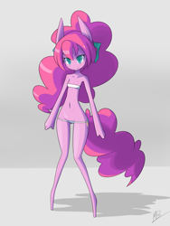 Size: 900x1200 | Tagged: safe, artist:red-poni, character:pinkie pie, species:anthro, ambiguous facial structure, bandeau, belly button, bra, clothing, female, panties, skimpy, skinny, solo, underwear, white underwear