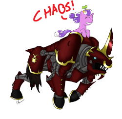 Size: 5120x5000 | Tagged: safe, artist:shadawg, character:screwball, species:pony, absurd resolution, bloodcrusher, crossover, juggernaut of khorne, khorne, nose piercing, nose ring, piercing, riding, simple background, transparent background, warhammer (game), warhammer 40k