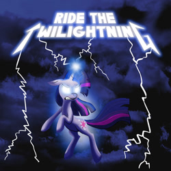 Size: 800x800 | Tagged: safe, artist:pedantia, character:twilight sparkle, album cover, glowing eyes, lightning, metallica, parody, ride the lightning