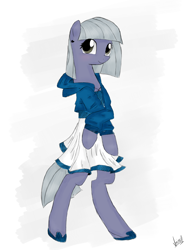 Size: 2448x3264 | Tagged: safe, artist:marisalle, character:limestone pie, species:anthro, species:unguligrade anthro, bipedal, blushing, clothing, cute, ear piercing, earring, female, high res, hoodie, jewelry, limabetes, piercing, shoes, skirt, skirt pull, solo