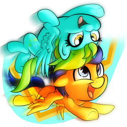Size: 1500x1500 | Tagged: safe, artist:turrkoise, character:flash sentry, character:lightning dust, backwards cutie mark, brother and sister, chibi, cute, diasentres, dustabetes, flying, headcanon, siblings