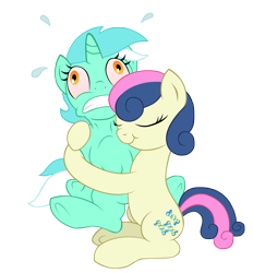 Size: 2648x2856 | Tagged: safe, artist:shadawg, character:bon bon, character:lyra heartstrings, character:sweetie drops, species:earth pony, species:pony, species:unicorn, ship:lyrabon, female, high res, hug, lesbian, shipping, simple background, squeezing, transparent background