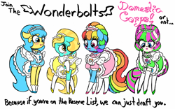 Size: 1280x800 | Tagged: safe, artist:familywing, character:blossomforth, character:lightning dust, character:rainbow dash, character:sunshower raindrops, alternate hairstyle, apron, blushing, choker, clothing, dress, eyelashes, floppy ears, girly, hairband, housewife, lipstick, makeup, rainbow dash always dresses in style, sissy, skirt, socks, tomboy taming, wonderbolts