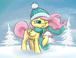 Size: 1200x910 | Tagged: safe, artist:erysz, character:fluttershy, clothing, female, hat, raised hoof, scarf, snow, snowfall, solo, windswept mane, winter