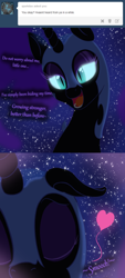 Size: 1000x2221 | Tagged: safe, artist:azurek, character:nightmare moon, character:princess luna, ask princess moon, bedroom eyes, comic, eyes closed, female, floppy ears, glowing eyes, heart, kissing, looking at you, nicemare moon, open mouth, pov, smiling, solo, tumblr