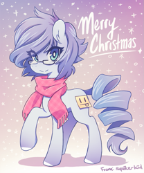 Size: 663x795 | Tagged: safe, artist:jopiter, oc, oc only, oc:celty, species:earth pony, species:pony, :>, adorkable, blank flank, blep, clothing, cute, dork, ear fluff, female, glasses, happy, looking at you, mare, merry christmas, raised hoof, scarf, short hair, smiling, snow, solo, sticky note, tongue out