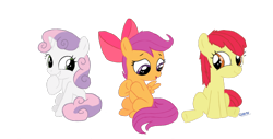 Size: 1360x692 | Tagged: safe, artist:chibi95, character:apple bloom, character:scootaloo, character:sweetie belle, species:earth pony, species:pegasus, species:pony, species:unicorn, accessory swap, apple bloom's bow, cutie mark crusaders, female, filly, giggling, hilarious in hindsight, simple background, sitting, transparent background