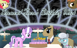 Size: 1600x1000 | Tagged: safe, artist:bootsyslickmane, character:apple bloom, character:button mash, character:diamond tiara, character:filthy rich, character:gustave le grande, character:silver spoon, species:griffon, birthday, birthday cake, cake, chair, fanfic, fanfic art, fanfic cover, flower, gimp, gustave le grande, statue, story in the source, table