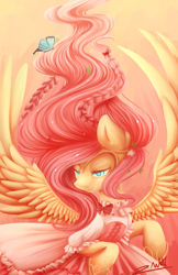 Size: 4400x6800 | Tagged: safe, artist:zodiacnicola, character:fluttershy, absurd resolution, braid, butterfly, clothing, dress, female, solo, spread wings, wings