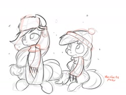 Size: 1280x960 | Tagged: safe, artist:macheteponies, character:apple bloom, character:applejack, clothing, duo, hat, scarf, sketch, ushanka, winter