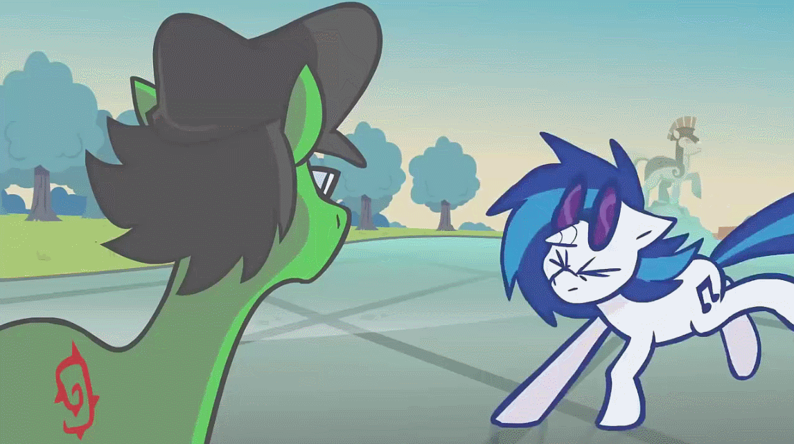 Size: 1146x642 | Tagged: safe, artist:clashwolf3, artist:crikeydave, character:dj pon-3, character:vinyl scratch, oc, ponysona, species:earth pony, species:pony, species:unicorn, 2014, animated, background pony, caption, duo male and female, female, galacon, galacon 2014, male, mare, stallion, sunglasses, vinyl and canni go to galacon '14, vinyl's glasses
