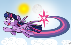 Size: 835x535 | Tagged: safe, artist:milchik, character:twilight sparkle, character:twilight sparkle (alicorn), species:alicorn, species:pony, female, mare, moon, solo, sonic xboom, sun