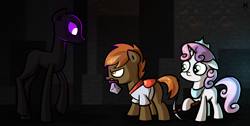 Size: 1058x532 | Tagged: safe, artist:milchik, character:button mash, character:sweetie belle, species:earth pony, species:pony, species:unicorn, don't mine at night, enderman, endermane, enderpony, minecraft, ponified