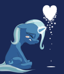 Size: 950x1100 | Tagged: safe, artist:jakneurotic, character:trixie, species:pony, species:unicorn, blue background, crying, female, floppy ears, heart, magic, mare, missing accessory, sad, simple background, sitting, solo