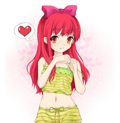 Size: 1200x1230 | Tagged: safe, artist:d-tomoyo, character:apple bloom, species:human, adorabloom, belly button, blushing, clothing, cute, female, heart, heart hands, humanized, looking at you, midriff, pictogram, shorts, simple background, smiling, solo, swimsuit, transparent background