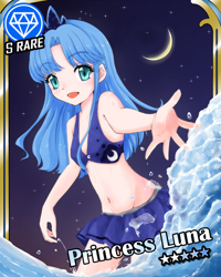Size: 960x1200 | Tagged: safe, artist:d-tomoyo, character:princess luna, species:human, belly button, bikini, card, clothing, female, humanized, idolmaster, midriff, moon, solo, swimsuit, water, young