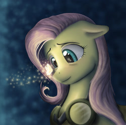 Size: 1352x1344 | Tagged: safe, artist:anadukune, character:fluttershy, species:pegasus, species:pony, beautiful, bust, eye reflection, female, firefly, floppy ears, goggles, insect on nose, looking at something, mare, reflection, smiling, solo, teary eyes