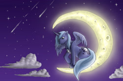 Size: 3000x1971 | Tagged: safe, artist:anadukune, character:princess luna, cloud, cloudy, crescent moon, female, moon, s1 luna, shooting star, sitting, solo, tangible heavenly object