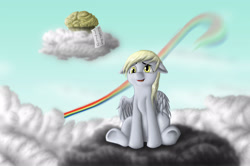 Size: 3008x2000 | Tagged: safe, artist:anadukune, character:derpy hooves, species:pegasus, species:pony, female, high res, implied rainbow dash, mare, muffin, present, rainbow trail, raincloud