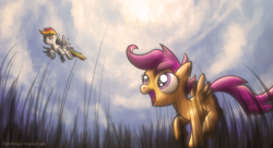 Size: 1980x1080 | Tagged: safe, artist:fongsaunder, character:rainbow dash, character:scootaloo, species:pegasus, species:pony, cloud, cloudy, duo, flying, grass, happy, looking up
