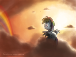 Size: 1024x768 | Tagged: safe, artist:fongsaunder, character:rainbow dash, cloud, cloudy, female, filly, filly rainbow dash, rainbow, solo, younger