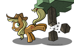 Size: 956x602 | Tagged: safe, artist:fongsaunder, character:applejack, crossover, female, kicking, minecraft, parody, solo, tree