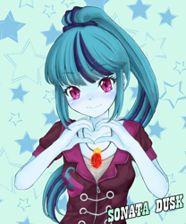 Size: 1000x1200 | Tagged: safe, alternate version, artist:d-tomoyo, character:sonata dusk, equestria girls:rainbow rocks, g4, my little pony: equestria girls, my little pony:equestria girls, anime, blushing, clothing, cute, female, heart, heart hands, jewelry, looking at you, necklace, pendant, ponytail, smiling, solo, sonatabetes, stars