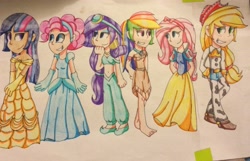 Size: 3159x2032 | Tagged: safe, artist:imtailsthefoxfan, character:applejack, character:fluttershy, character:pinkie pie, character:rainbow dash, character:rarity, character:twilight sparkle, species:human, aladdin, barefoot, beauty and the beast, belle, belly button, belly dancer, breasts, cinderella, cleavage, clothing, crossover, disney, disney princess, dress, feet, female, humanized, jasmine, jessie (toy story), mane six, midriff, pocahontas, snow white, squaw dash, toy story, traditional art