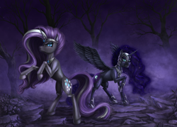 Size: 3850x2750 | Tagged: dead source, safe, artist:bra1neater, character:nightmare moon, character:nightmare rarity, character:princess luna, character:rarity, species:pony, bipedal, duality, fog, glare, gritted teeth, looking at you, ponidox, raised hoof, rearing, self ponidox, smirk, spread wings, time paradox, tree, wings