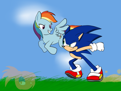 Size: 1600x1200 | Tagged: dead source, safe, artist:tails-doll-lover, character:rainbow dash, character:sonic the hedgehog, crossover, race, racing, sonic the hedgehog (series), watermark