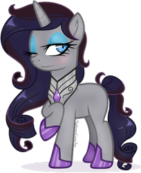 Size: 1024x1256 | Tagged: safe, artist:nightmarelunafan, oc, oc only, oc:nocturne shadow, parent:king sombra, parent:rarity, parents:sombrarity, bedroom eyes, blank flank, blushing, eyeshadow, makeup, not rarity, offspring, raised hoof, simple background, smiling, solo, transparent background, wink