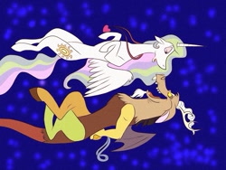 Size: 1400x1050 | Tagged: safe, artist:fiona brown, character:discord, character:princess celestia, ship:dislestia, all dogs go to heaven, cute, cutelestia, discute, don bluth, female, male, parody, shipping, sky, straight