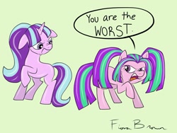Size: 2048x1536 | Tagged: safe, artist:fiona brown, character:aria blaze, character:starlight glimmer, species:earth pony, species:pony, species:unicorn, episode:the cutie map, g4, my little pony: friendship is magic, season 5, angry, antagonist, comparison, duo, female, floppy ears, green background, mare, missing cutie mark, parody, ponified, ponified siren, s5 starlight, similarities, simple background
