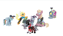 Size: 808x469 | Tagged: safe, artist:avastindy, character:applejack, character:big mcintosh, character:rainbow dash, character:spike, character:twilight sparkle, character:zecora, species:earth pony, species:pony, species:zebra, democora, demoman, engiejack, engineer, friendship express, fuck shit sound.video, heavy, heavy mac, male, parody, rainbow scout, robot, scout, sniper, stallion, subnormal halfspy and his clique of handsome rogues, team fortress 2, train