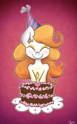 Size: 1189x1900 | Tagged: safe, artist:erysz, oc, oc only, oc:sugar beet, species:anthro, birthday cake, blushing, cake, clothing, freckles, hat, party hat, smiling, solo