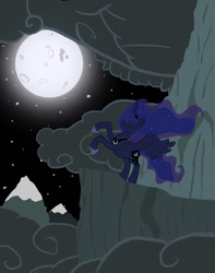 Size: 806x1024 | Tagged: safe, artist:kinrah, character:princess luna, cloud, cloudy, female, moon, mountain, night, rearing, solo