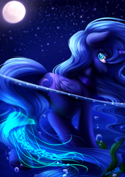 Size: 3507x4962 | Tagged: dead source, safe, artist:zodiacnicola, character:princess luna, species:alicorn, species:pony, g4, bubble, female, folded wings, horn, jellyfish, looking back, mare, moon, night sky, ocean, profile, signature, smiling, solo, stars, underwater, water, wings